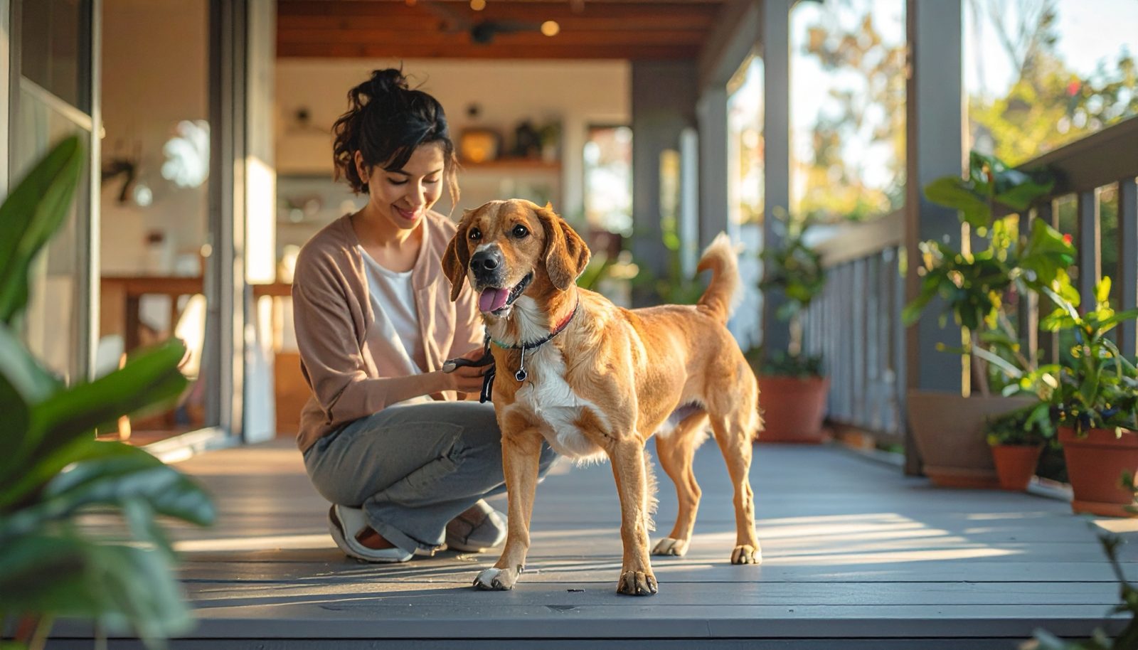 Frau pflegt entspannt ihren Hund auf einer Terrasse