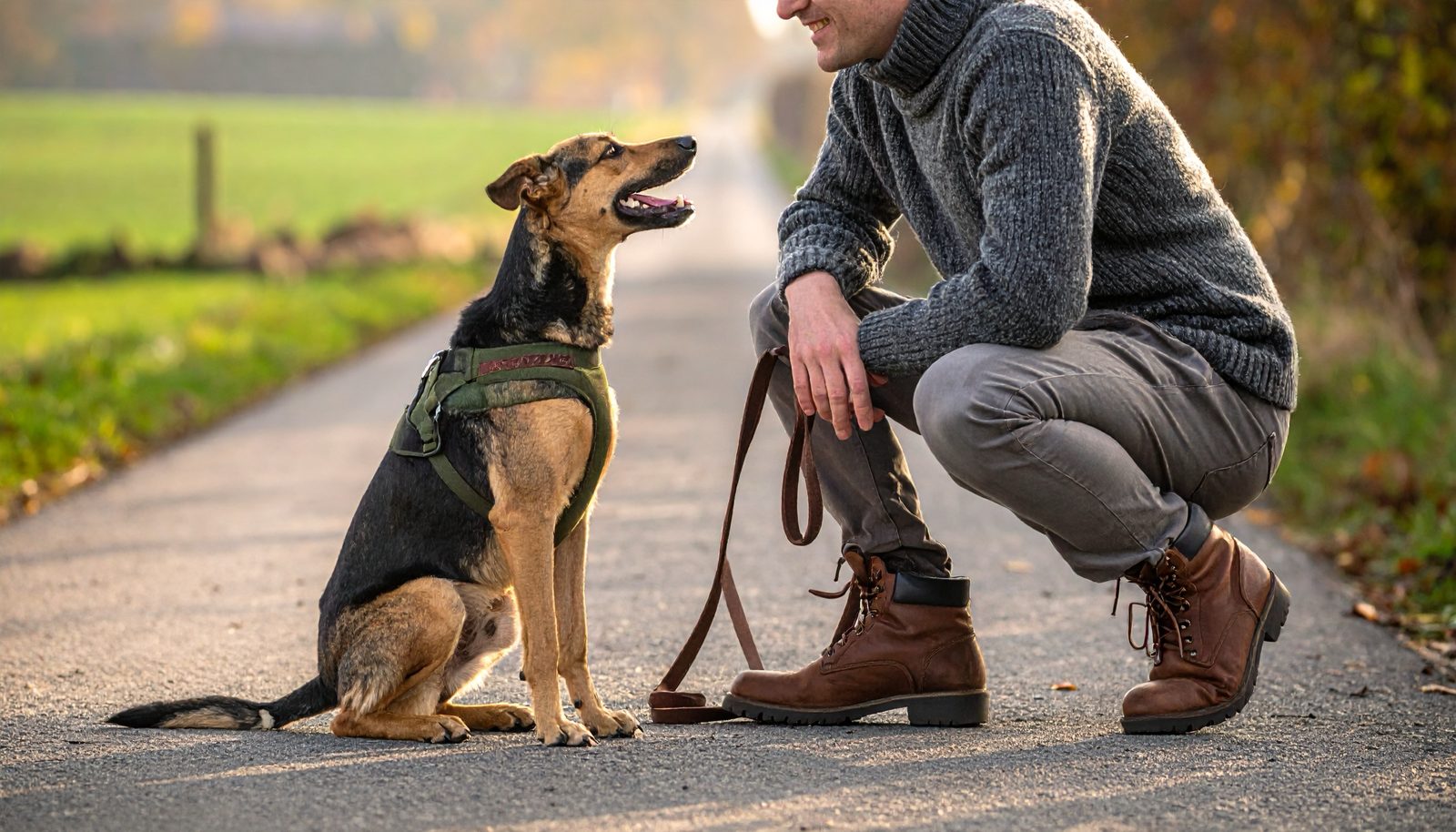 Hund sitzt auf einem Feldweg und schaut fröhlich zu seinem Menschen hoch, der lächelnd vor ihm in der Hocke sitzt